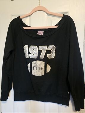 Black Football Graphic Sweatshirt 1973 Off Shoulder Slouchy Pullover